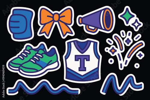 Cheerleading icons with sneakers, megaphone, and fireworks in vibrant colors on dark background