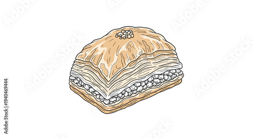 Detailed layered pastry with nuts in hand-drawn style