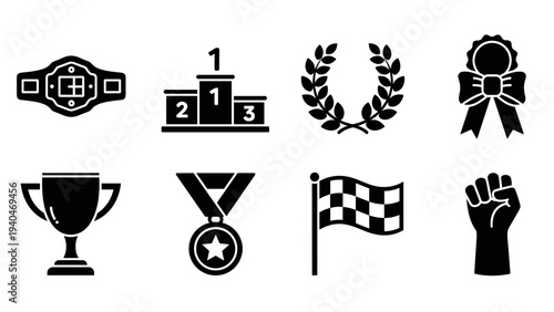 Black and white icons of awards and achievements: trophies, medals, and symbols of victory