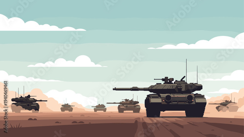 Military tanks on desert landscape in flat art style