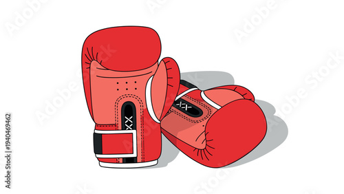 Red boxing gloves on white background: sports equipment art in flat style