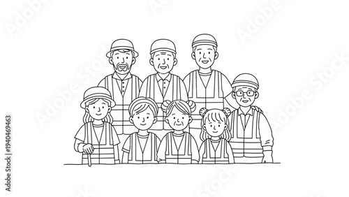 Group portrait of diverse construction workers in line art style
