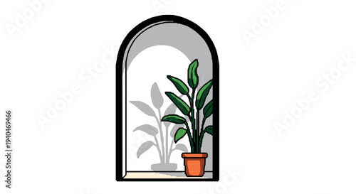 Pixel art potted plant on arched window sill with shadow effect