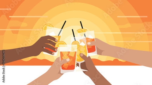 Cheers at sunset: diverse hands celebrate with refreshing mixed drinks in a minimalist style