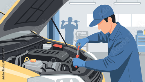 Mechanic in workshop fixing car engine with tools in auto repair garage