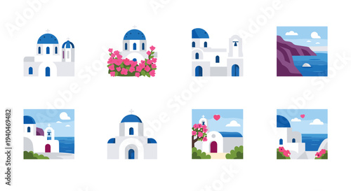 Charming greek islands: blue domes and pink blossoms in coastal scenes