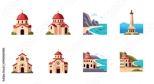 Coastal architecture and landscapes featuring churches and lighthouses in flat style