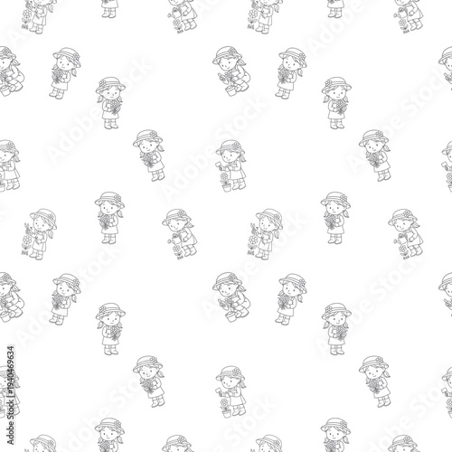 seamless repeat of girls arranging flowers holding bouquets and watering cans in delicate sketch style