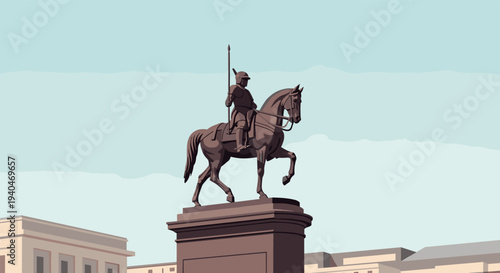 Equestrian monument silhouette against clear sky in urban setting