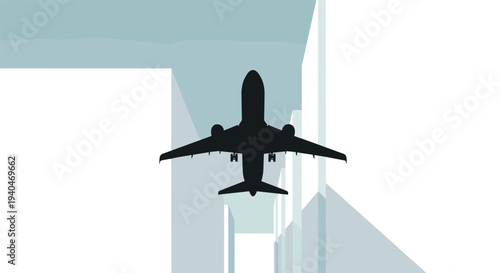 Airplane silhouette over urban skyline: cityscape with jet in flight
