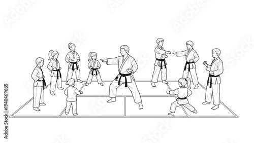 Martial arts class training: karate lesson with black belt instructors