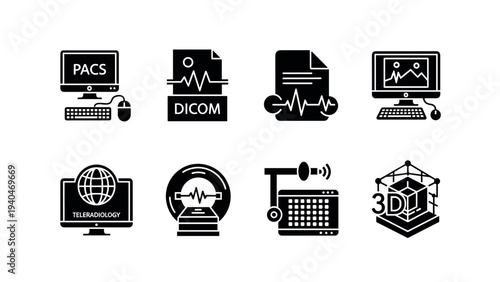 Medical technology icons set featuring pacs, dicom, teleradiology, and 3d imaging designs