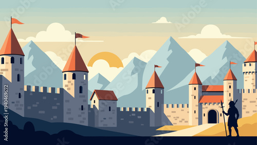 Medieval castle at sunrise with guard silhouette and mountain backdrop