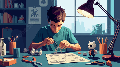 Young designer creating models with passion in artistic studio setting