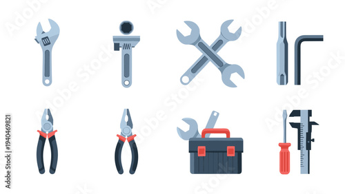 Flat design tools set: wrenches, pliers, screwdriver, and toolbox icons
