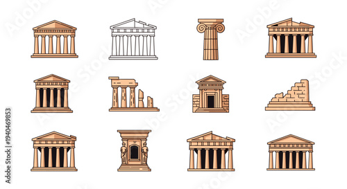 Elegant architectural column and temple icons collection for design projects