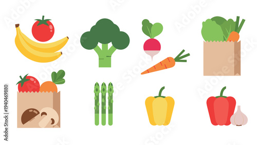 Colorful flat design vegetables and fruits with grocery bags on white background