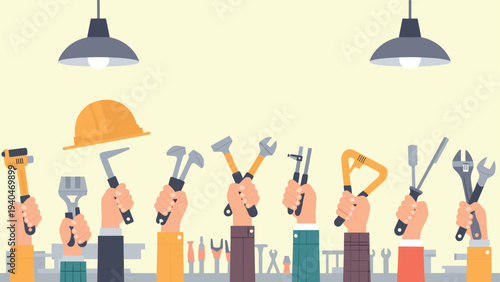 Flat design hands holding tools in workshop setting with yellow background