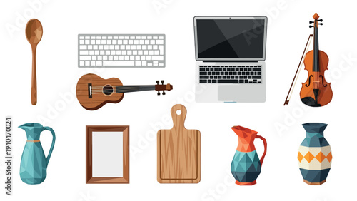 Colorful objects set featuring musical instruments, kitchen items, and modern gadgets