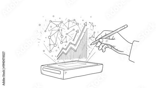 Hand drawing with tablet elevating graph lines and geometric elements in sketch style
