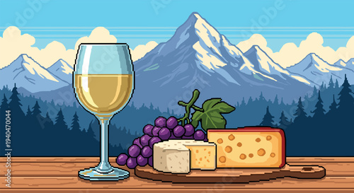 Pixel art wine tasting scene with mountain view and cheese selection