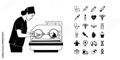 NICU Nurse Caring for Infant in Incubator Silhouette