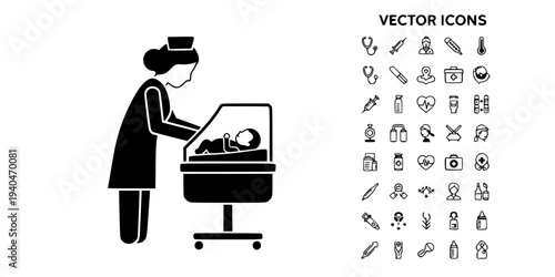 NICU Nurse Caring for Infant in Incubator Silhouette