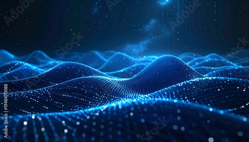 Abstract Blue Wavy Data Landscape with Particles Futuristic Digital World Technology Background.