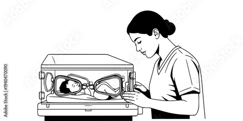 NICU Nurse Caring for Infant in Incubator Silhouette