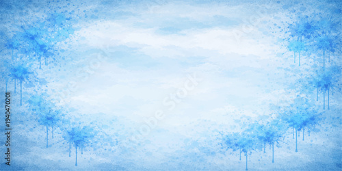 Abstract bright blue grunge background with winter snowflakes and white clouds under a sunny Christmas sky