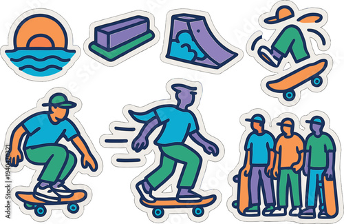 Colorful urban skateboarding stickers with skaters and ramps