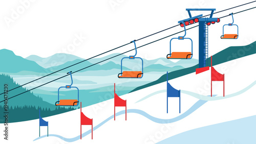 Ski resort cable cars ascending mountain with scenic winter landscape