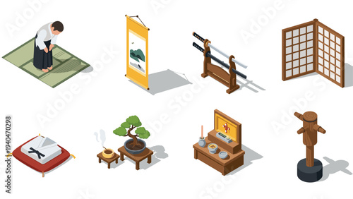 Traditional japanese elements in isometric design: martial arts, decor, and culture