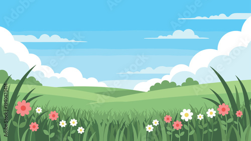 Beautiful spring landscape with flowers and rolling hills under clear blue sky