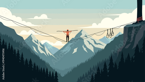 Daredevil balancing act: adventurer walks tightrope across mountain peaks at dawn