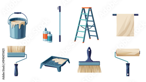 Paint tools collection: rollers, brushes, and ladders for home renovation projects