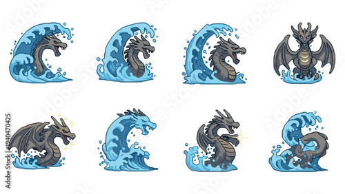 Pixel art dragons emerging from ocean waves: mythical creatures in motion