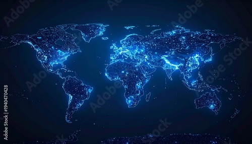 Global Connectivity Illustration World Map with Blue Light Highlighting Cities & Regions.