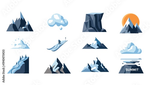 Minimalist mountain and winter sports icons collection in soft gradient style