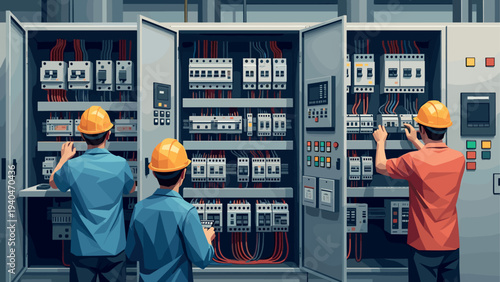 Electricians working on industrial control panel in data center environment