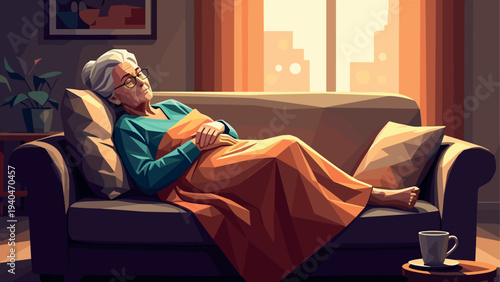 Cozy afternoon: elderly woman relaxing on couch with warm blanket in sunlit room