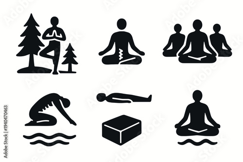 Silhouette icons of yoga poses and meditation in nature settings