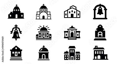 Black and white silhouette icons of historic buildings and structures