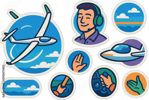 Colorful aviation themed stickers featuring glider and pilot in cartoon style