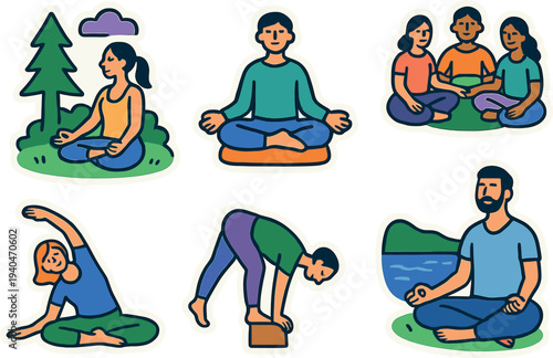 Colorful stickers featuring people practicing yoga and meditation outdoors