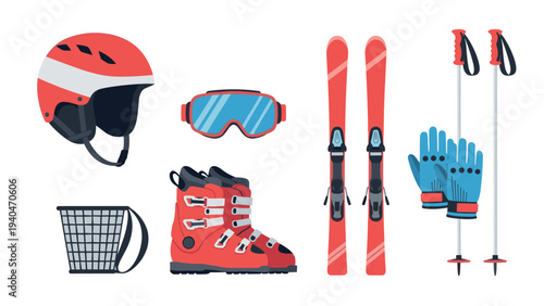 Winter sports equipment set: skis, helmet, goggles, and more in modern flat design