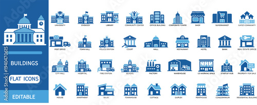 Buildings Flat Icons Set Editable Urban Architecture and Real Estate Vector Collection with Residential Commercial Public City Infrastructure Elements for Web UI Apps and Infographics

