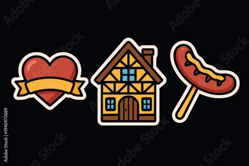 Cartoon heart, timber house, and sausage with mustard on dark background