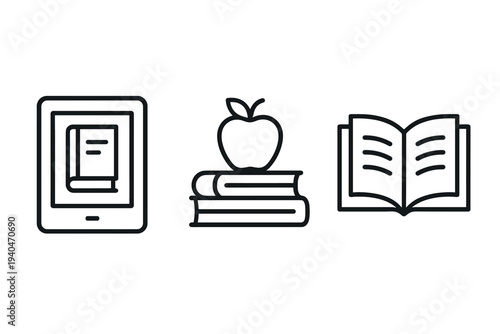 Minimalist education icons: e-book, books and apple, open book in line art style