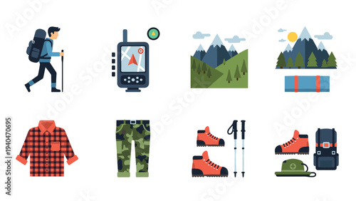Essential hiking gear and scenery in flat design icons
